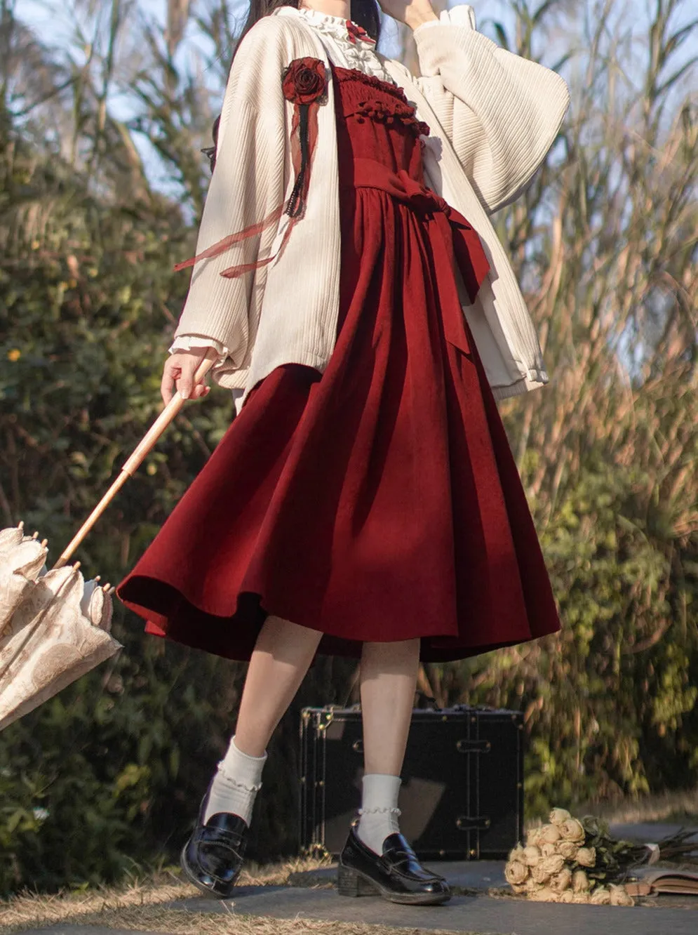 Poem Weave White Feather Dress Innershirt Rose Corsage   Ruffle Red Ruffle Retro Jacket Suspender Rose