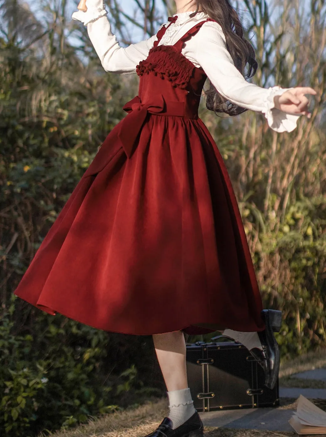 Poem Weave White Feather Dress Innershirt Rose Corsage   Ruffle Red Ruffle Retro Jacket Suspender Rose