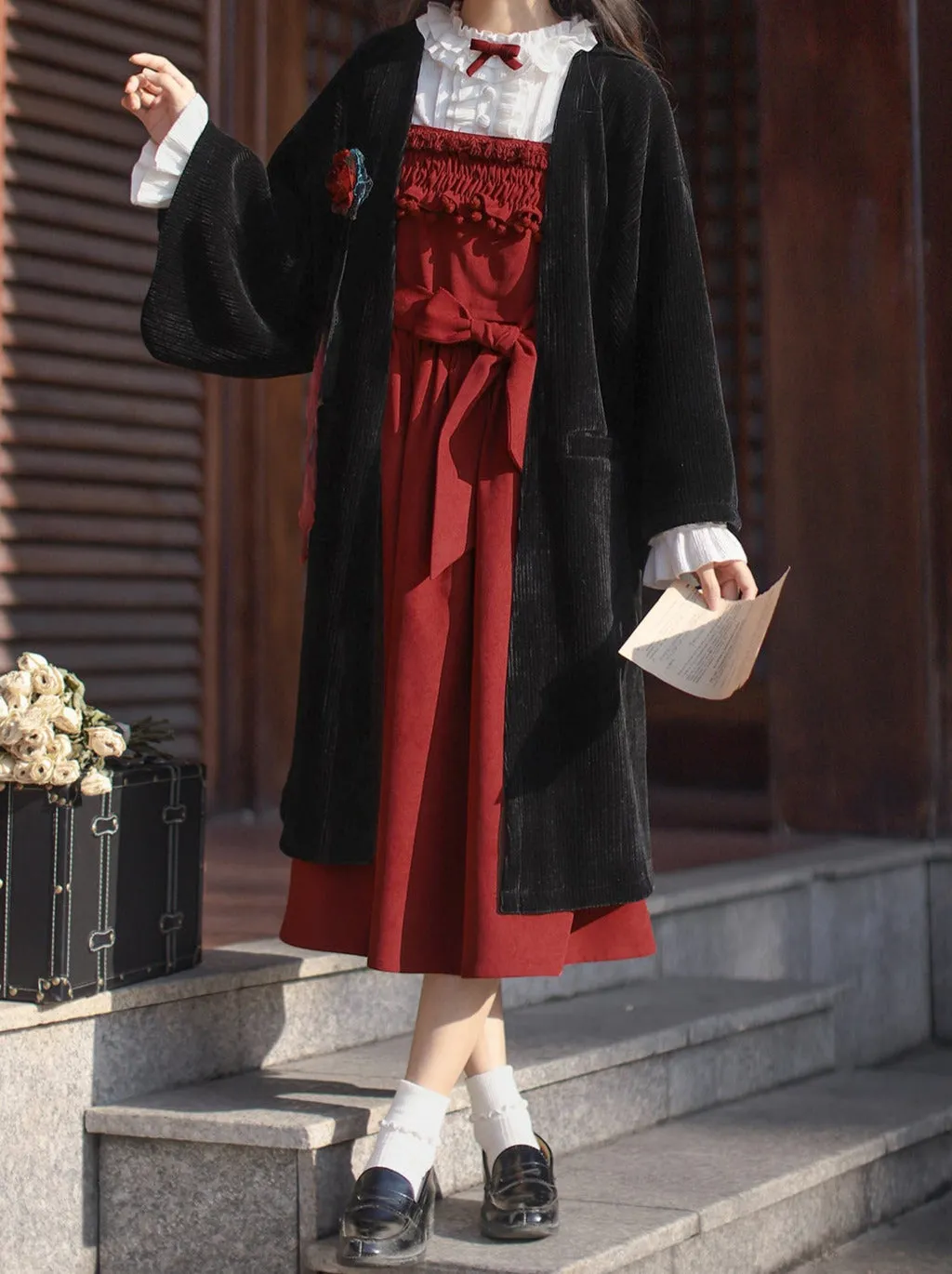 Poem Weave White Feather Dress Innershirt Rose Corsage   Ruffle Red Ruffle Retro Jacket Suspender Rose