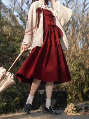Poem Weave White Feather Dress Innershirt Rose Corsage   Ruffle Red Ruffle Retro Jacket Suspender Rose