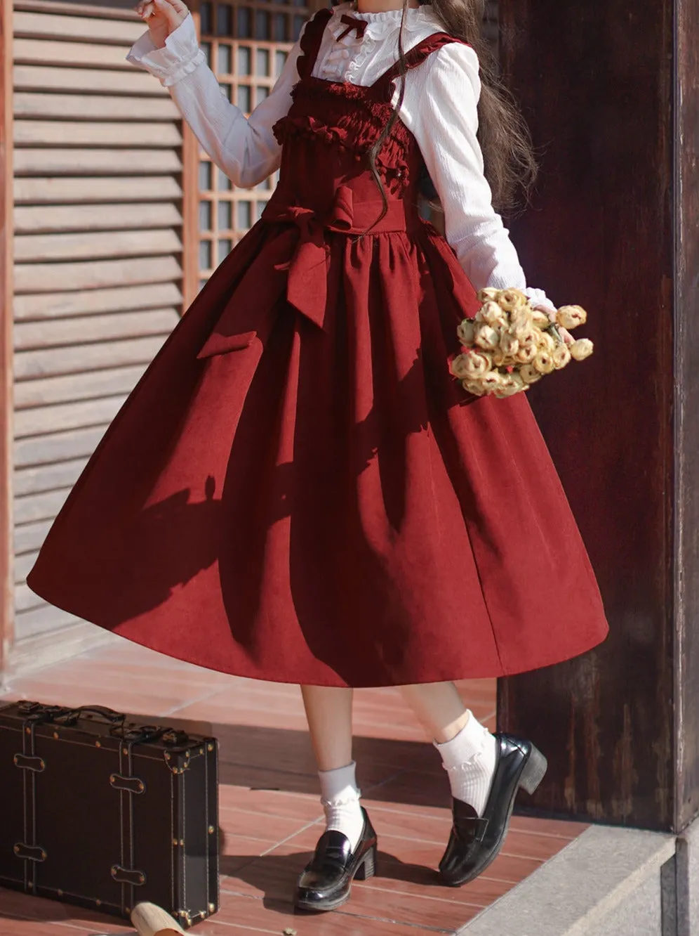 Poem Weave White Feather Dress Innershirt Rose Corsage   Ruffle Red Ruffle Retro Jacket Suspender Rose