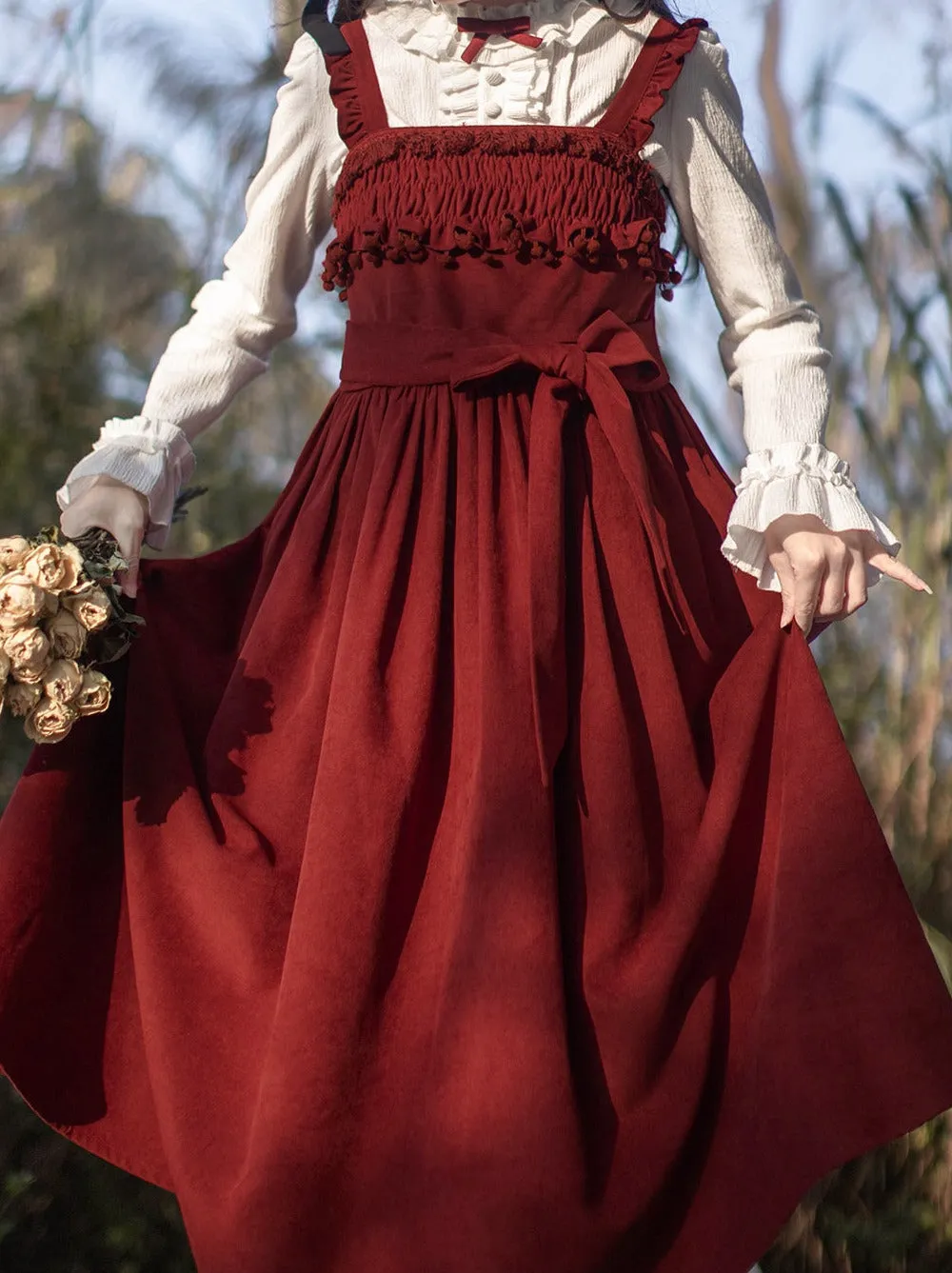 Poem Weave White Feather Dress Innershirt Rose Corsage   Ruffle Red Ruffle Retro Jacket Suspender Rose