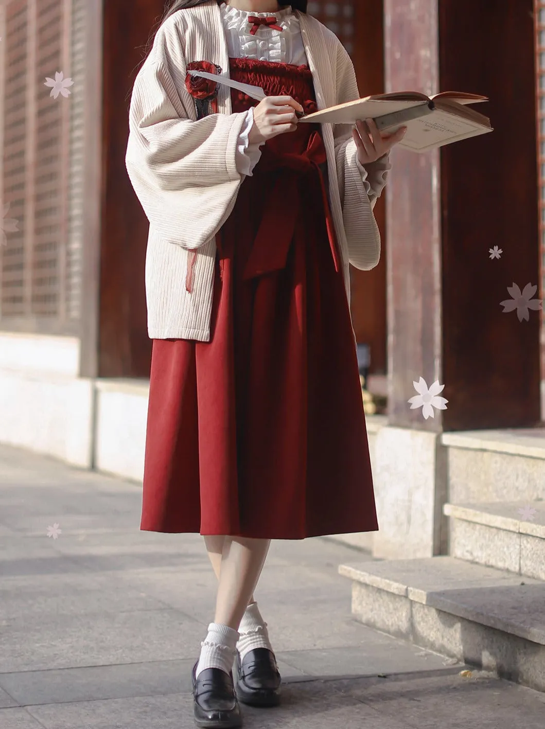 Poem Weave White Feather Dress Innershirt Rose Corsage   Ruffle Red Ruffle Retro Jacket Suspender Rose