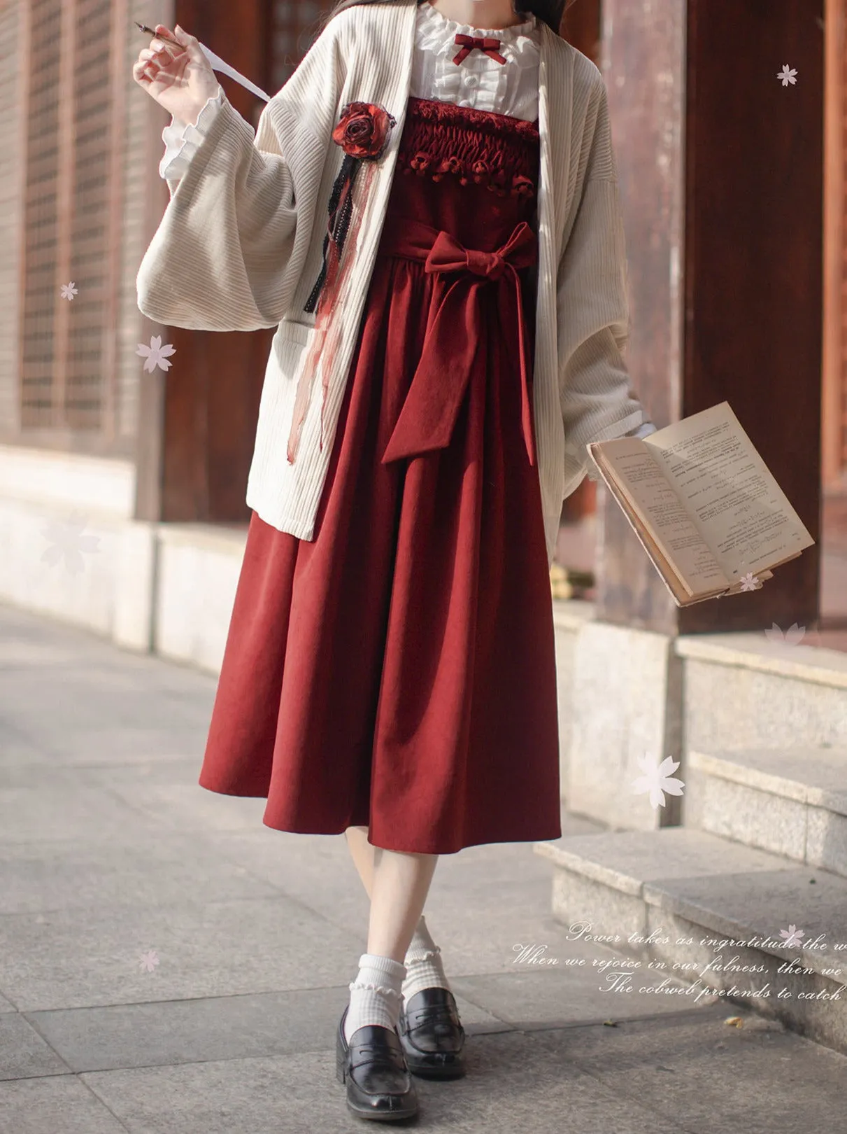 Poem Weave White Feather Dress Innershirt Rose Corsage   Ruffle Red Ruffle Retro Jacket Suspender Rose