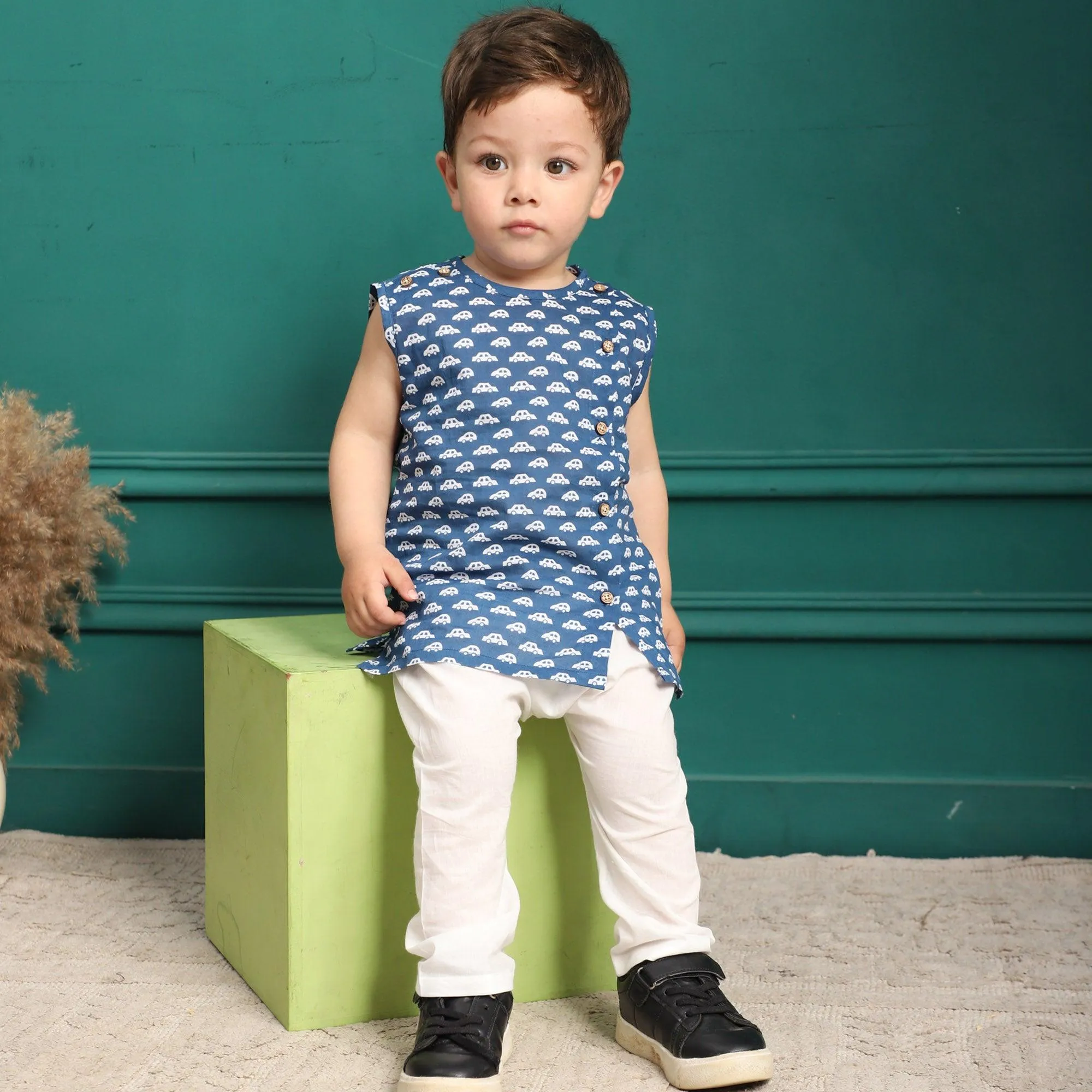 Polka Tots Car Print Sleeveless Jhabla and Pant Set - Navy Blue