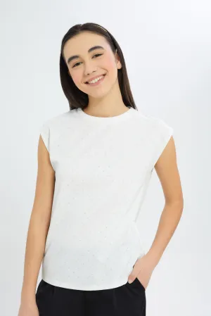 Senior Girls White Embellished With Gold Dots Top