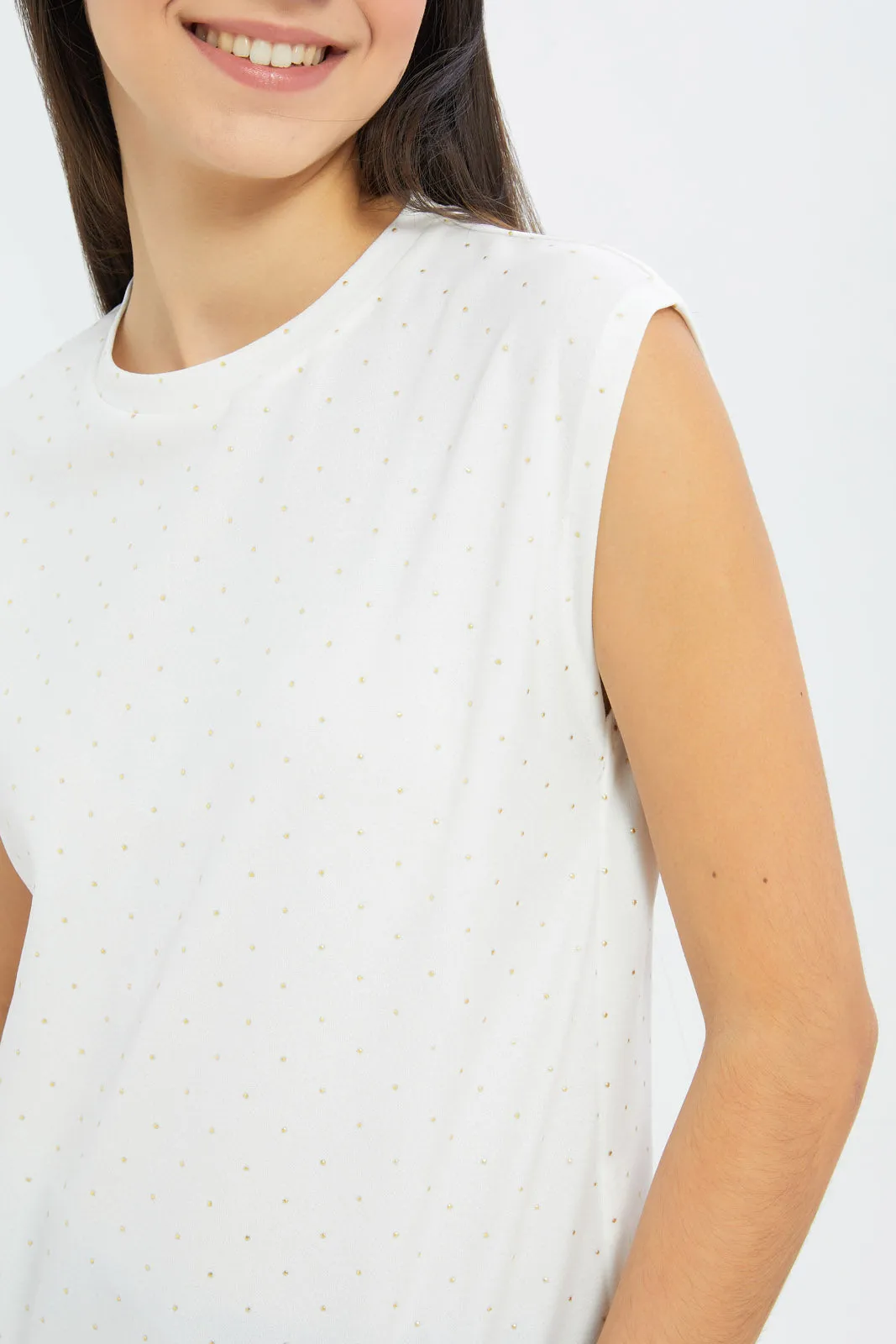 Senior Girls White Embellished With Gold Dots Top