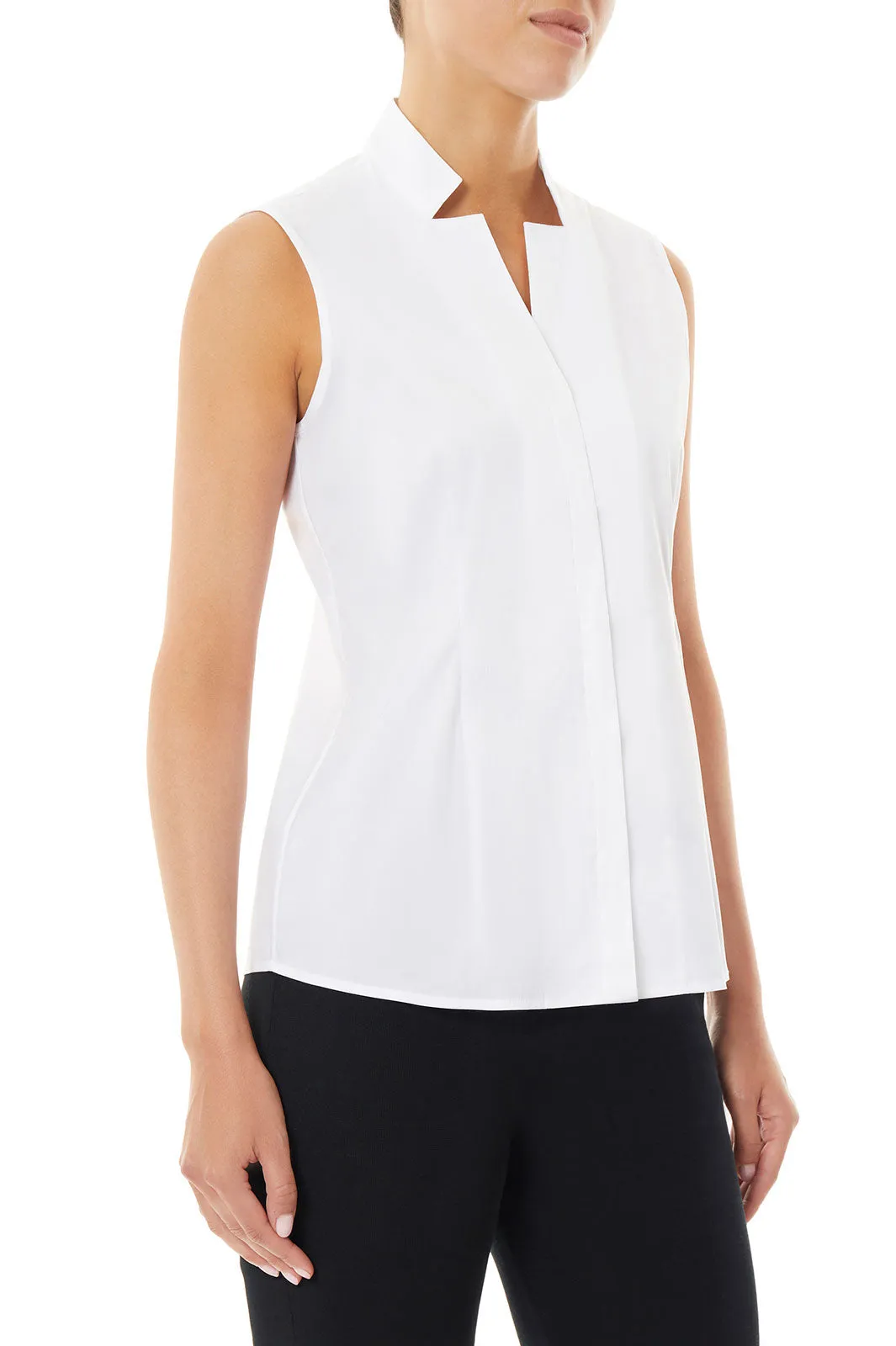 Sleeveless Notched Collar Stretch Cotton Shirt