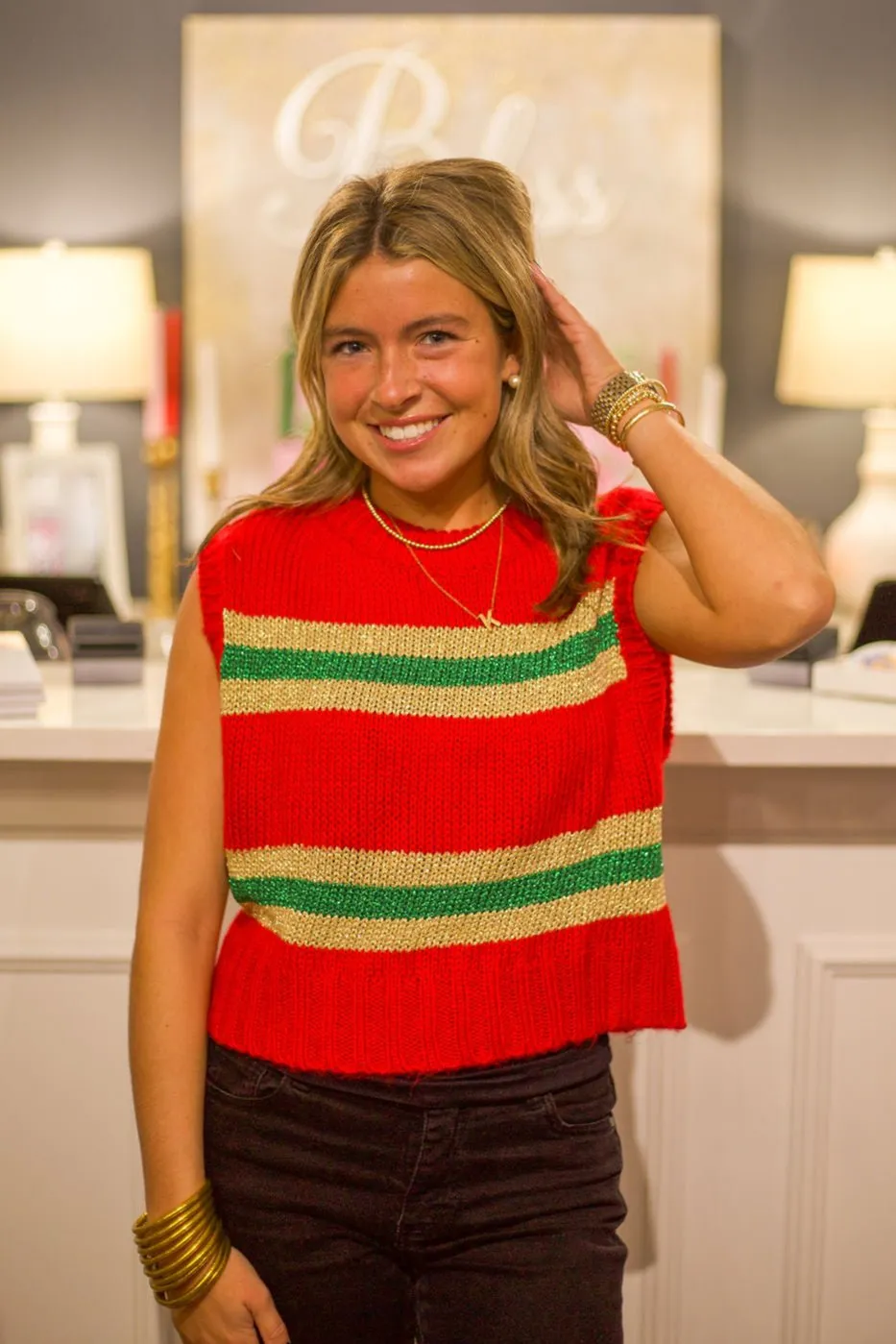 Sleeveless Sweater Top W/ Tinsel Stripes
