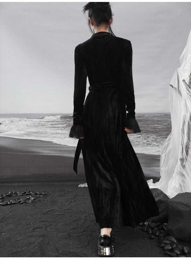 Splicing Stand Chinese V-Collar Mesh Romantic Retro Velvet Black Dress