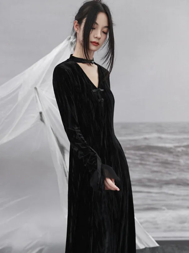 Splicing Stand Chinese V-Collar Mesh Romantic Retro Velvet Black Dress