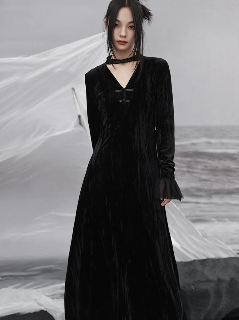 Splicing Stand Chinese V-Collar Mesh Romantic Retro Velvet Black Dress