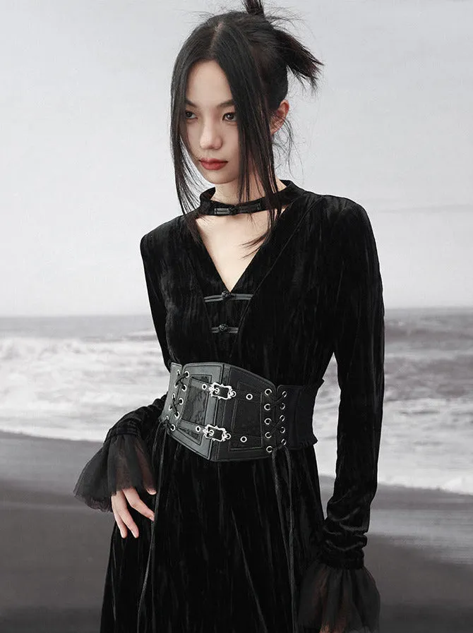 Splicing Stand Chinese V-Collar Mesh Romantic Retro Velvet Black Dress