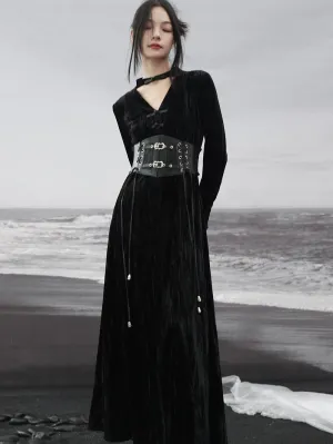 Splicing Stand Chinese V-Collar Mesh Romantic Retro Velvet Black Dress