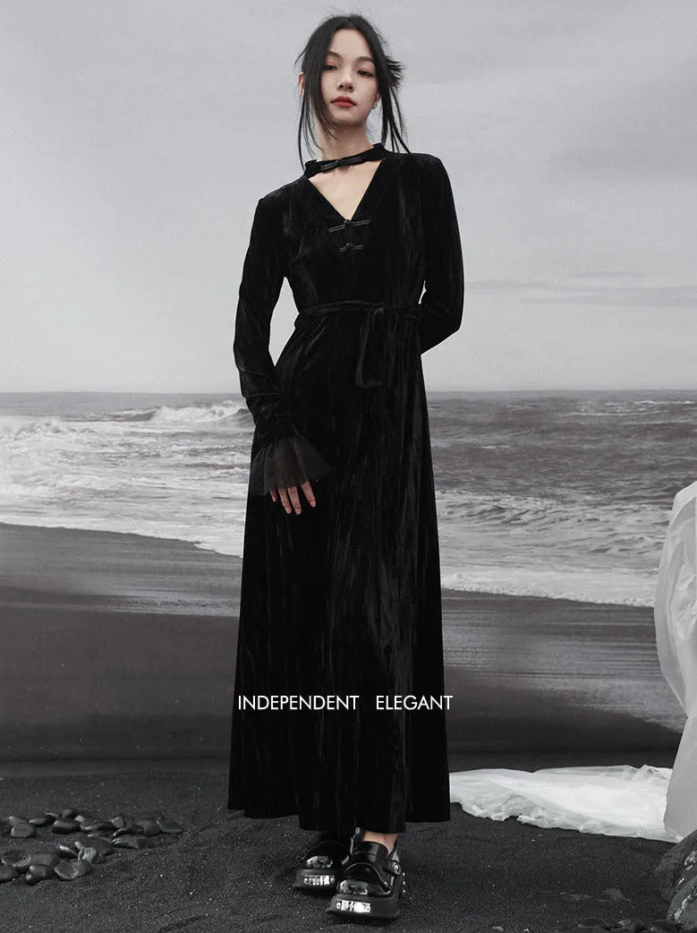 Splicing Stand Chinese V-Collar Mesh Romantic Retro Velvet Black Dress