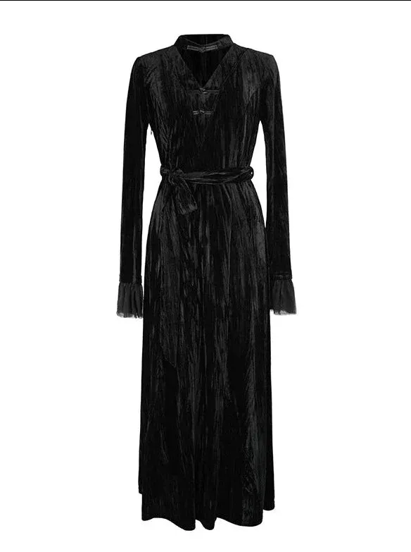 Splicing Stand Chinese V-Collar Mesh Romantic Retro Velvet Black Dress