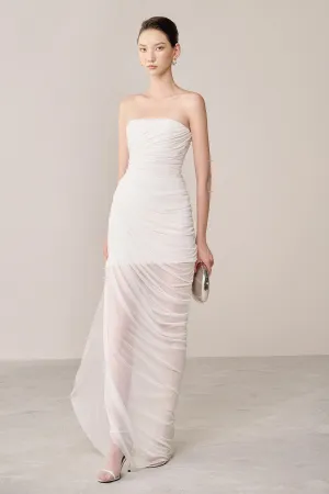 Thalon Strapless Gathered Organza Spandex Maxi Dress