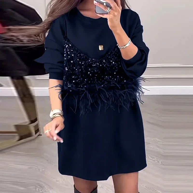UAKISS  -  Casual Women Sequins Feather Stitching Dress Elegant Lady Solid Color Loose Office Dress Elegant O-Neck Long Sleeve Party Dress