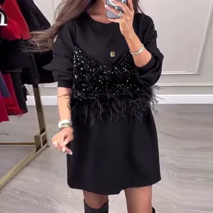 UAKISS  -  Casual Women Sequins Feather Stitching Dress Elegant Lady Solid Color Loose Office Dress Elegant O-Neck Long Sleeve Party Dress