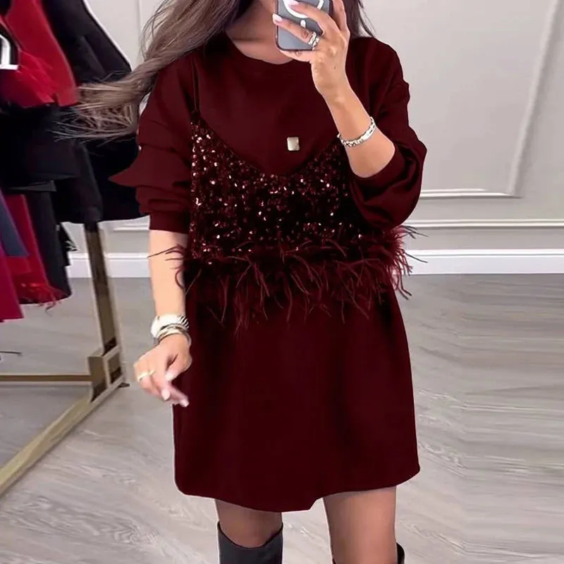 UAKISS  -  Casual Women Sequins Feather Stitching Dress Elegant Lady Solid Color Loose Office Dress Elegant O-Neck Long Sleeve Party Dress