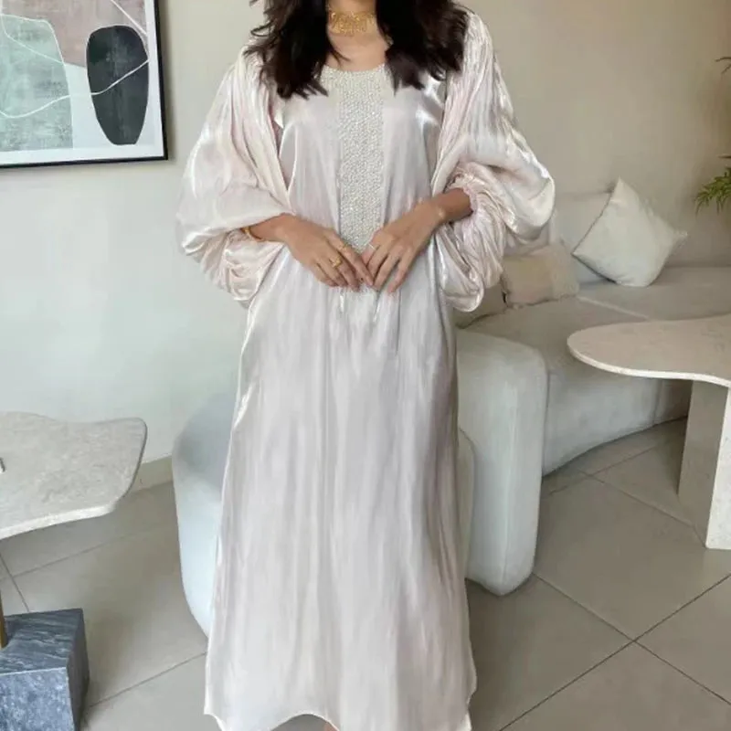 UAKISS  -  Ethnic Vintage Sequin Silk Evening Dress Women Spring Crew Neck Patchwork Boho Long Dress Autumn Lantern Sleeve Loose Maxi Dress