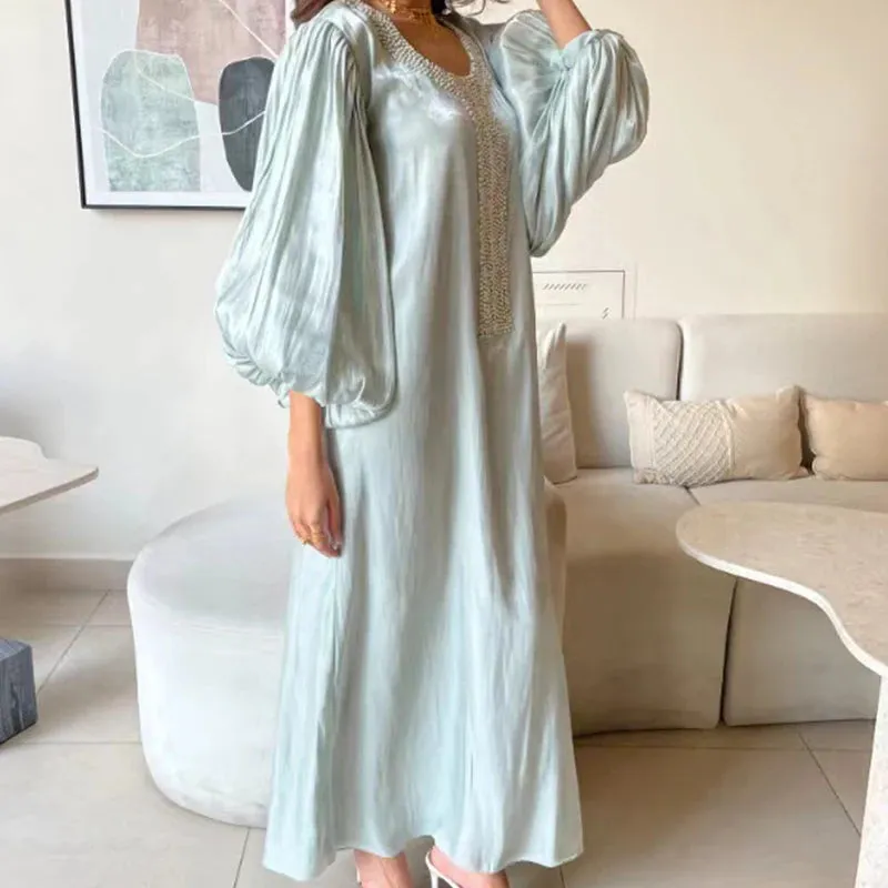 UAKISS  -  Ethnic Vintage Sequin Silk Evening Dress Women Spring Crew Neck Patchwork Boho Long Dress Autumn Lantern Sleeve Loose Maxi Dress