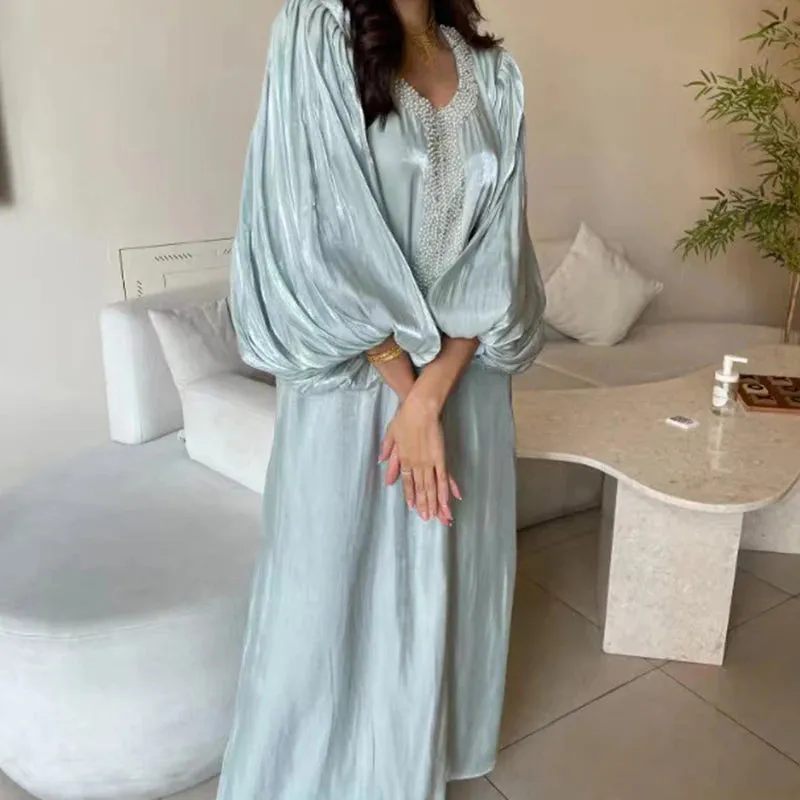 UAKISS  -  Ethnic Vintage Sequin Silk Evening Dress Women Spring Crew Neck Patchwork Boho Long Dress Autumn Lantern Sleeve Loose Maxi Dress