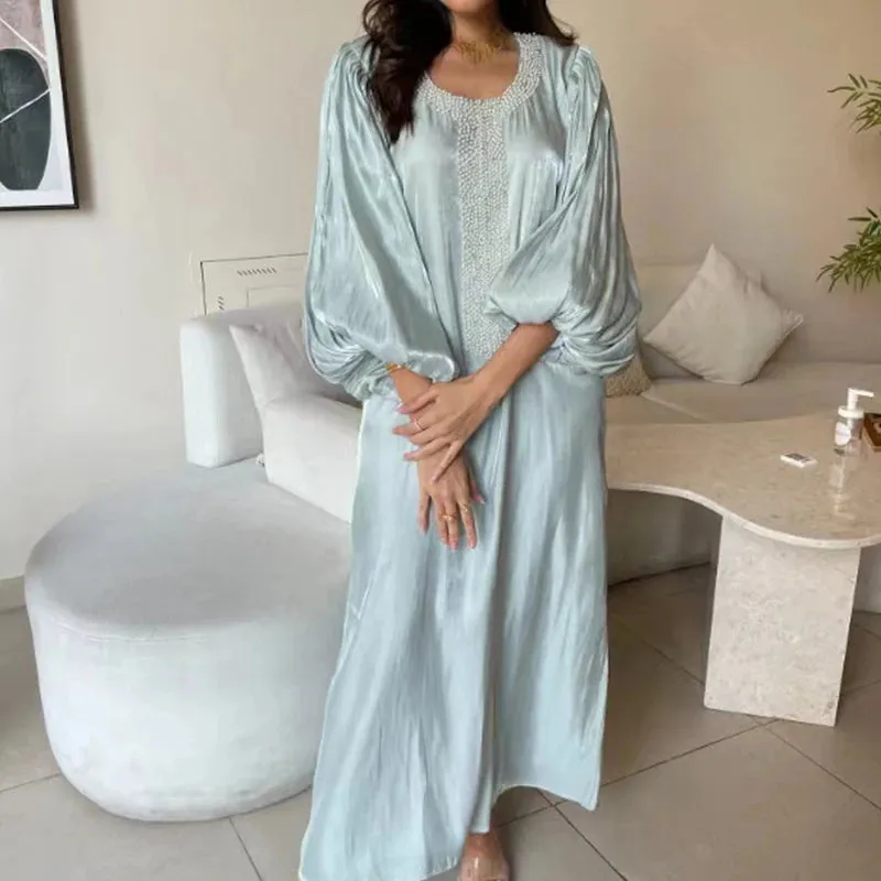 UAKISS  -  Ethnic Vintage Sequin Silk Evening Dress Women Spring Crew Neck Patchwork Boho Long Dress Autumn Lantern Sleeve Loose Maxi Dress