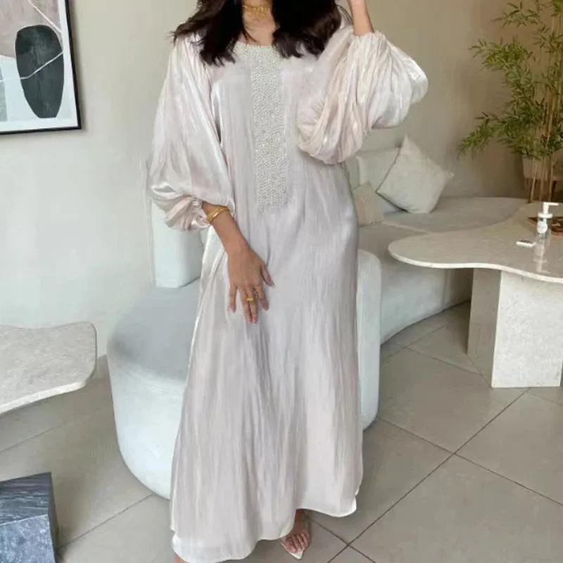 UAKISS  -  Ethnic Vintage Sequin Silk Evening Dress Women Spring Crew Neck Patchwork Boho Long Dress Autumn Lantern Sleeve Loose Maxi Dress
