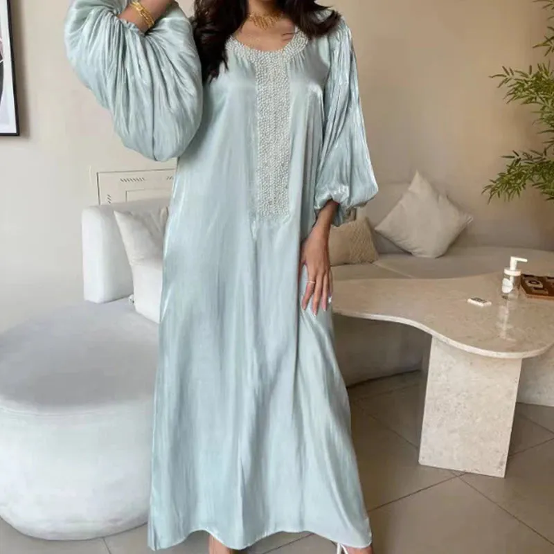 UAKISS  -  Ethnic Vintage Sequin Silk Evening Dress Women Spring Crew Neck Patchwork Boho Long Dress Autumn Lantern Sleeve Loose Maxi Dress