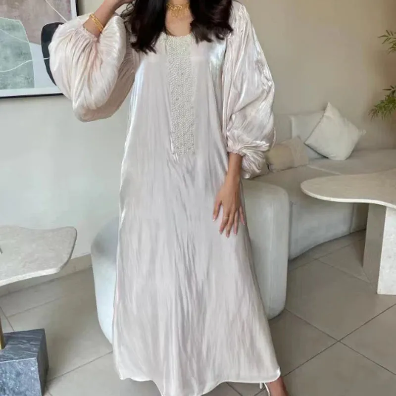 UAKISS  -  Ethnic Vintage Sequin Silk Evening Dress Women Spring Crew Neck Patchwork Boho Long Dress Autumn Lantern Sleeve Loose Maxi Dress