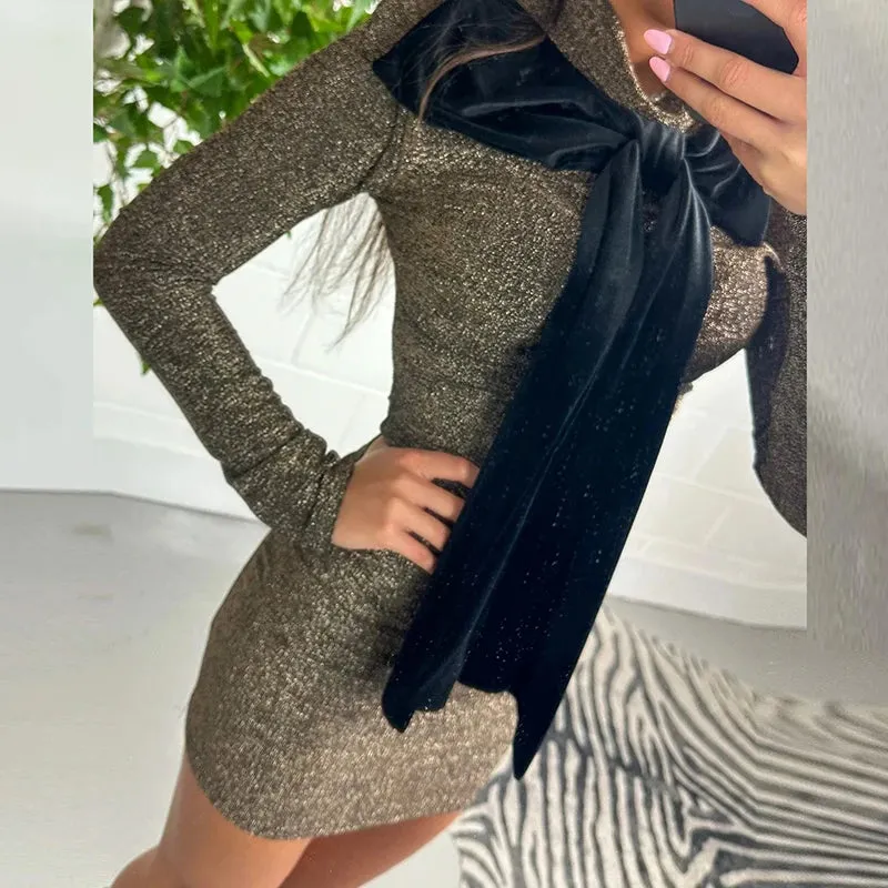 UAKISS  -  Ladies Elegant Turtleneck Bow Tie-up Mini Dress 2025 Casual Long Sleeve Slim Bag Wrap Dress Elegant Patchwork Solid Party Dress