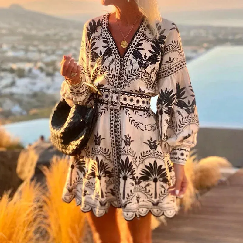 UAKISS  -  New Autumn Pattern Printed Lantern Sleeve Dress Ladies Sexy V Neck Waist Commuting Dress Elegant Loose Beach Holiday Party Dress