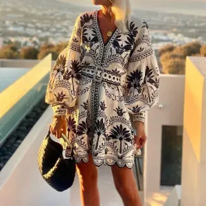 UAKISS  -  New Autumn Pattern Printed Lantern Sleeve Dress Ladies Sexy V Neck Waist Commuting Dress Elegant Loose Beach Holiday Party Dress