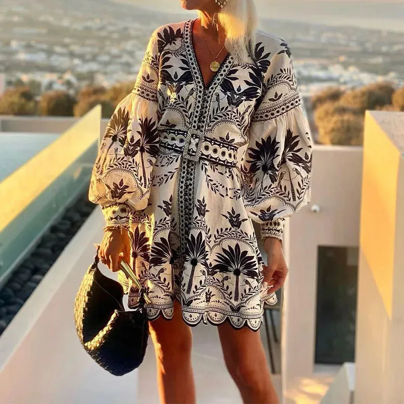 UAKISS  -  New Autumn Pattern Printed Lantern Sleeve Dress Ladies Sexy V Neck Waist Commuting Dress Elegant Loose Beach Holiday Party Dress