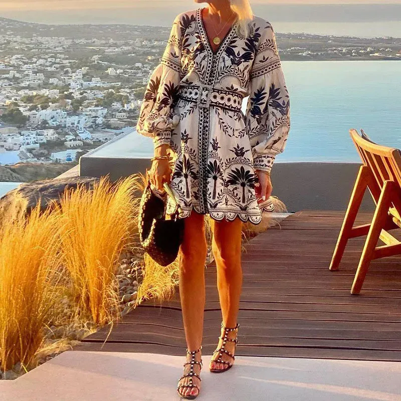 UAKISS  -  New Autumn Pattern Printed Lantern Sleeve Dress Ladies Sexy V Neck Waist Commuting Dress Elegant Loose Beach Holiday Party Dress