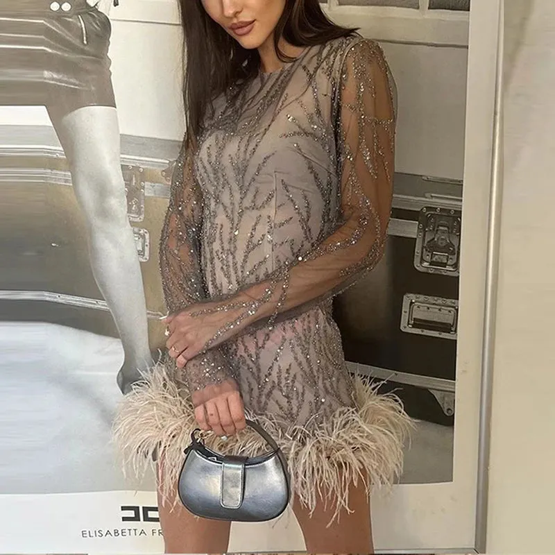 UAKISS  -  New Women O Neck Feather Patchwork Party Dress Fashion Sequin Long Sleeved Slim A-line Dress Autumn Casual Mesh Tight Mini Dress