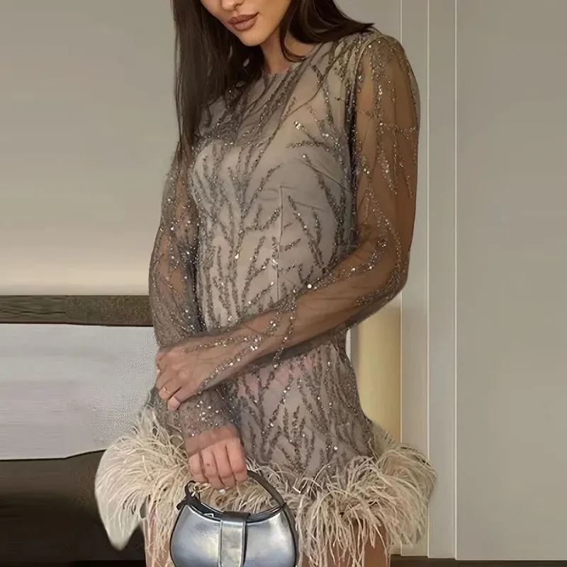 UAKISS  -  New Women O Neck Feather Patchwork Party Dress Fashion Sequin Long Sleeved Slim A-line Dress Autumn Casual Mesh Tight Mini Dress