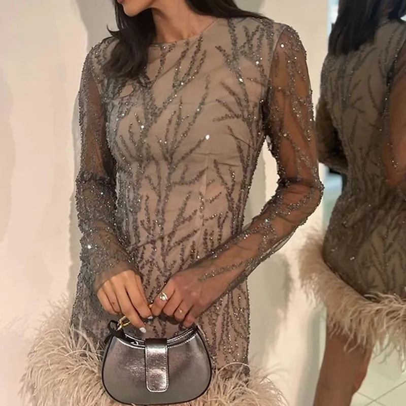 UAKISS  -  New Women O Neck Feather Patchwork Party Dress Fashion Sequin Long Sleeved Slim A-line Dress Autumn Casual Mesh Tight Mini Dress