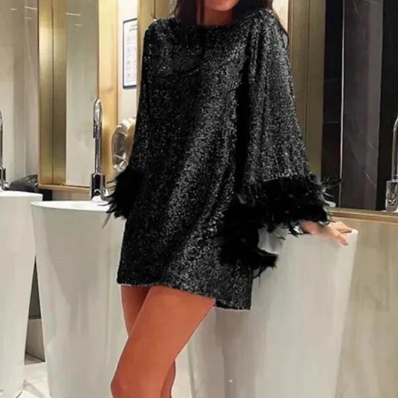 UAKISS  -  New Year Women's O-neck Shiny Sequin Short Dress Fashion High Waist Mini Dress Black Feather Long Sleeved Patchwork Party Dress