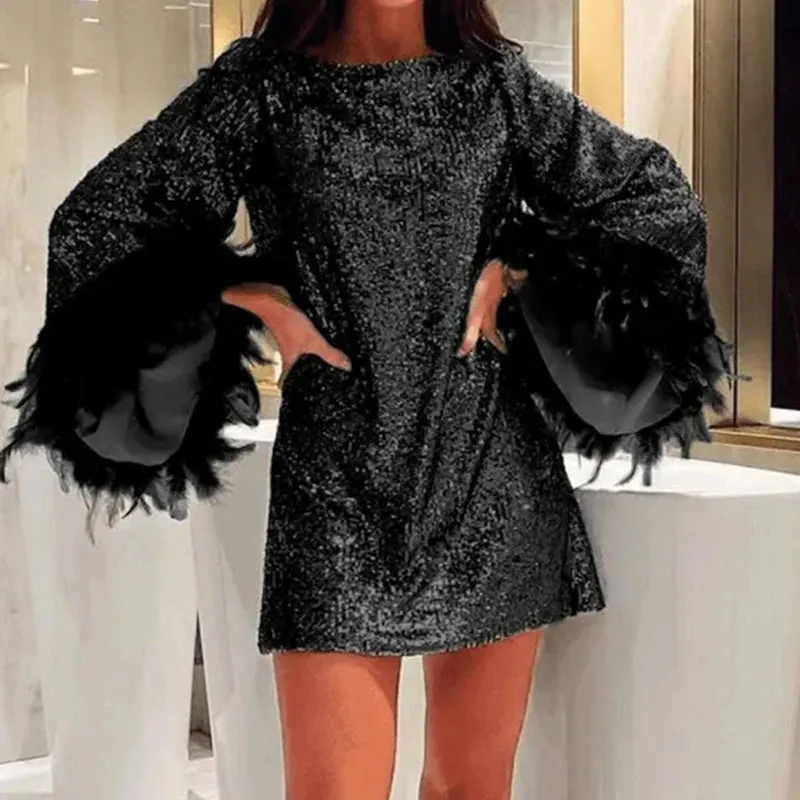UAKISS  -  New Year Women's O-neck Shiny Sequin Short Dress Fashion High Waist Mini Dress Black Feather Long Sleeved Patchwork Party Dress