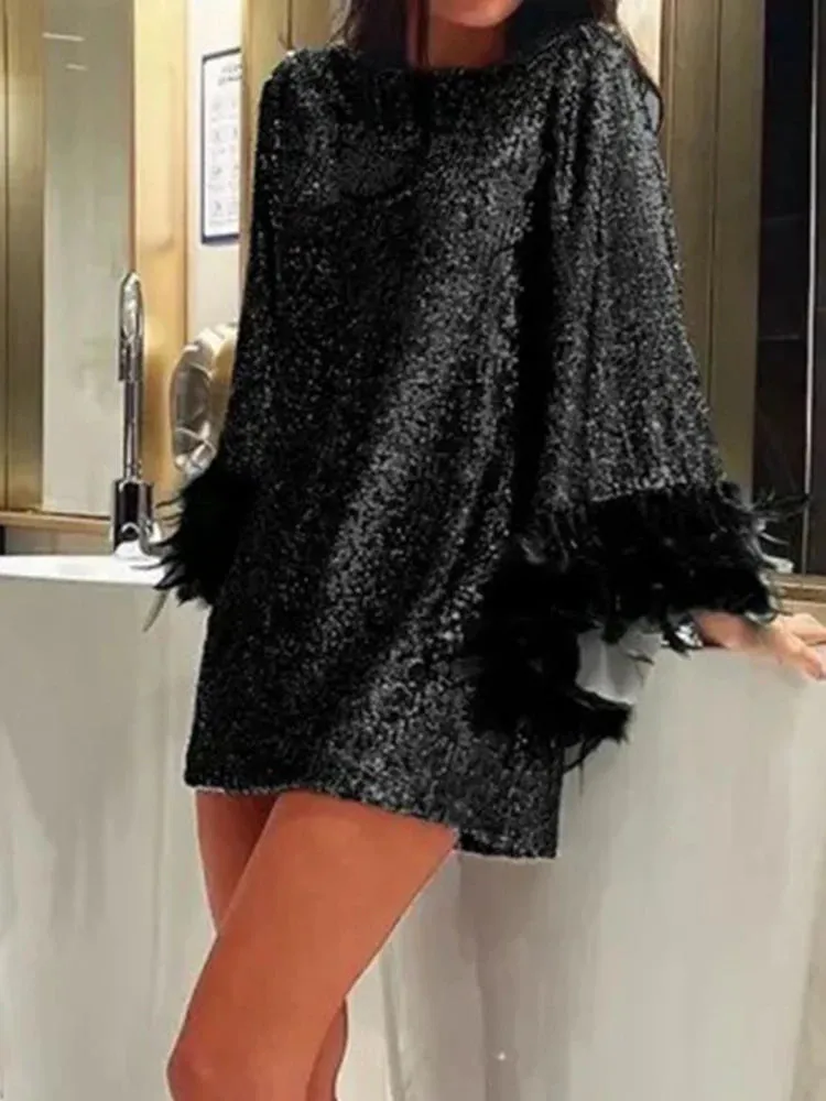 UAKISS  -  New Year Women's O-neck Shiny Sequin Short Dress Fashion High Waist Mini Dress Black Feather Long Sleeved Patchwork Party Dress