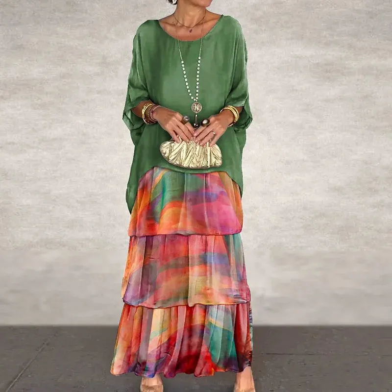 UAKISS  -  O-Neck Fashion Half Batwing Sleeve Maxi Dress, Women Spring Summer Loungewear Patchwork Party Dress, Solid Elegant Ladies Dress