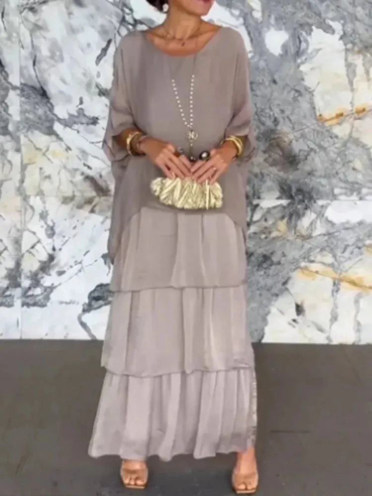 UAKISS  -  O-Neck Fashion Half Batwing Sleeve Maxi Dress, Women Spring Summer Loungewear Patchwork Party Dress, Solid Elegant Ladies Dress