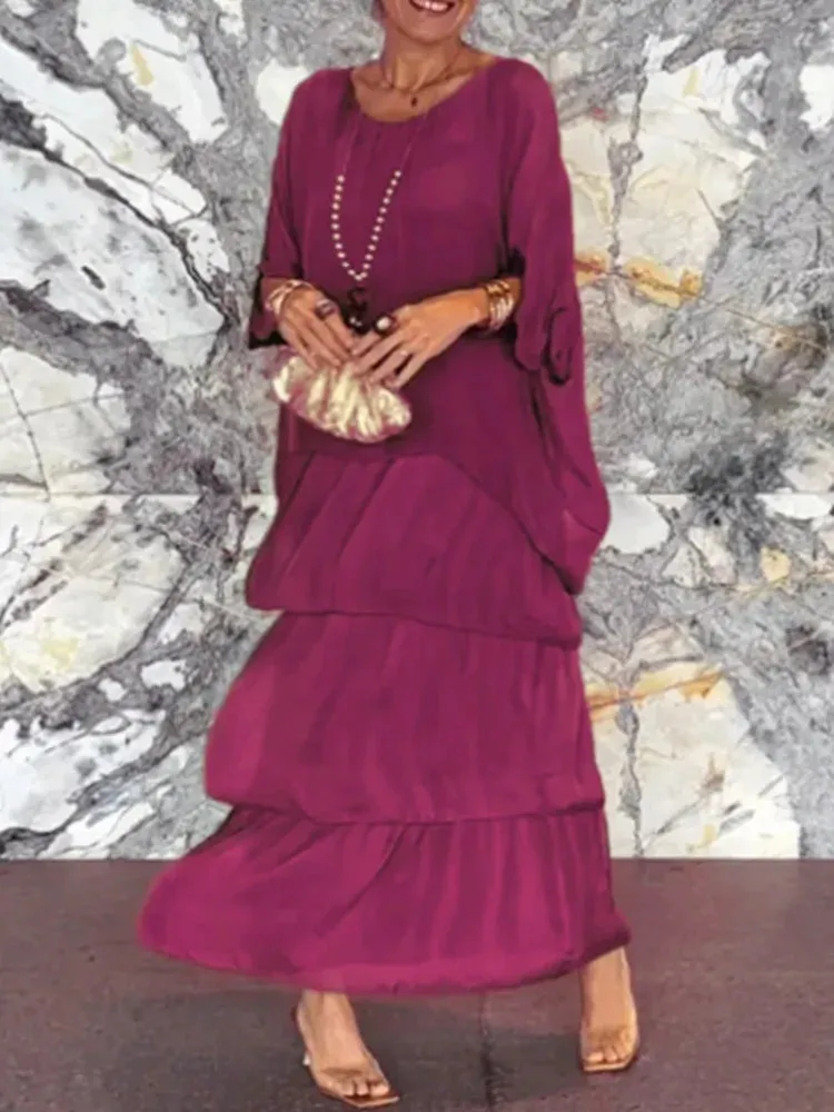 UAKISS  -  O-Neck Fashion Half Batwing Sleeve Maxi Dress, Women Spring Summer Loungewear Patchwork Party Dress, Solid Elegant Ladies Dress