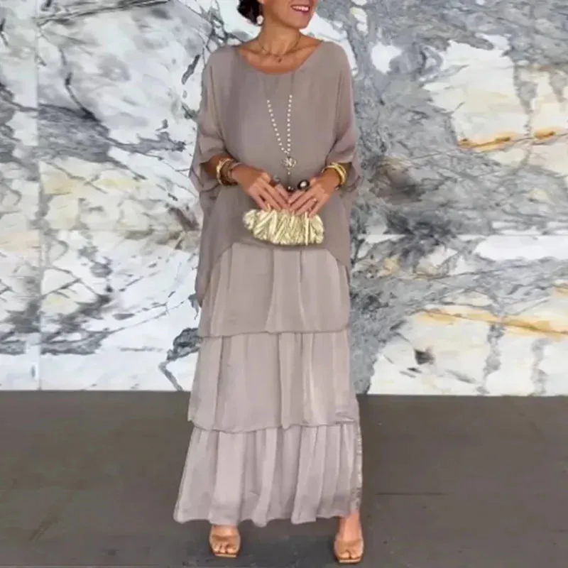 UAKISS  -  O-Neck Fashion Half Batwing Sleeve Maxi Dress, Women Spring Summer Loungewear Patchwork Party Dress, Solid Elegant Ladies Dress