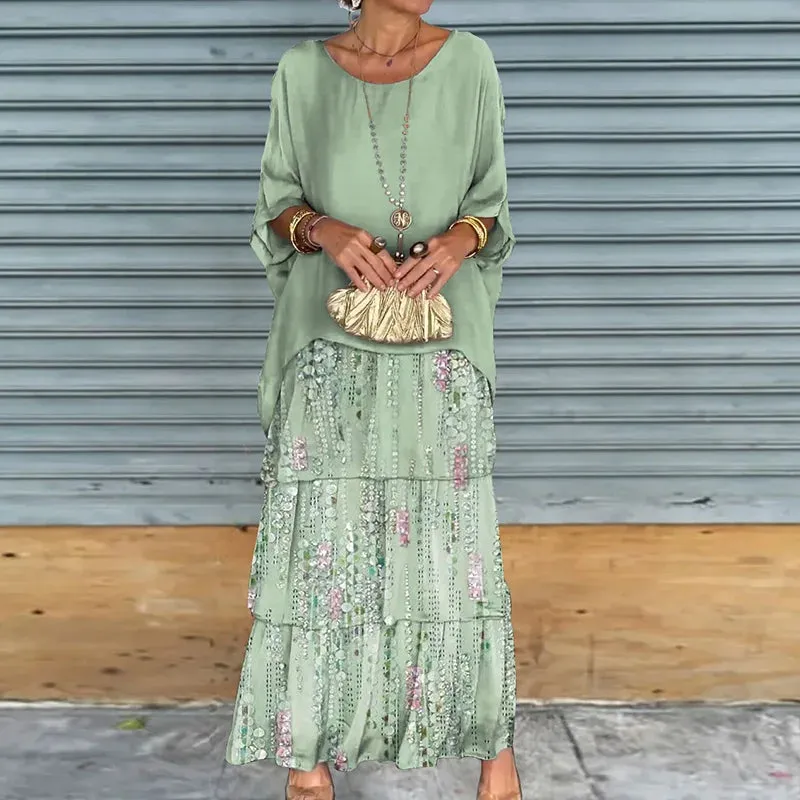 UAKISS  -  O-Neck Fashion Half Batwing Sleeve Maxi Dress, Women Spring Summer Loungewear Patchwork Party Dress, Solid Elegant Ladies Dress