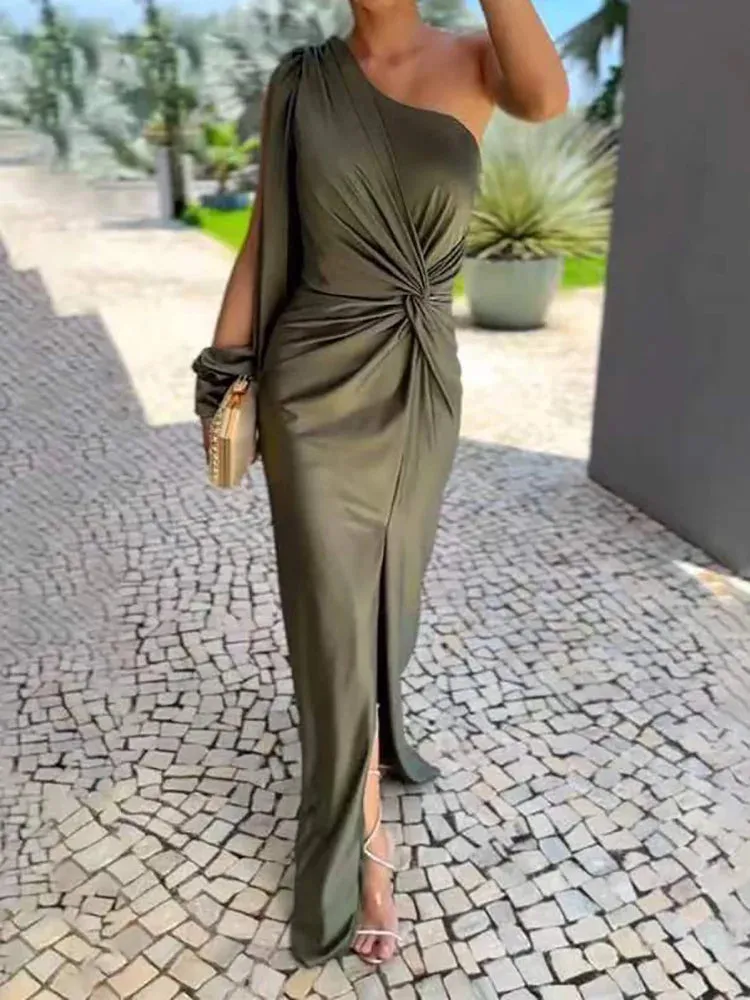 UAKISS  -  One Shoulder Draped Patchwork Party Dress, Women Spring Autumn Long Sleeve Maxi Dress, Simple Skew Collar Fashion Ladies Dress
