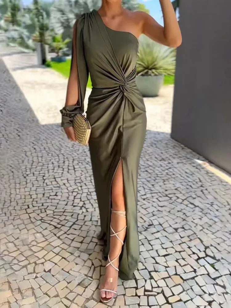 UAKISS  -  One Shoulder Draped Patchwork Party Dress, Women Spring Autumn Long Sleeve Maxi Dress, Simple Skew Collar Fashion Ladies Dress