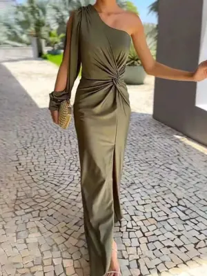 UAKISS  -  One Shoulder Draped Patchwork Party Dress, Women Spring Autumn Long Sleeve Maxi Dress, Simple Skew Collar Fashion Ladies Dress